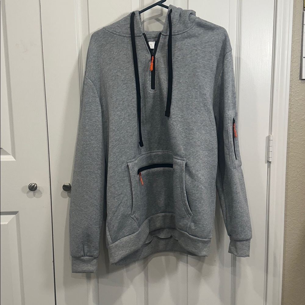 Stylish Gray Men's Hoodie with Black and Orange Details